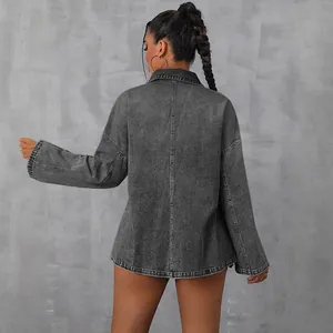 Casual loose grey denim jacket with drop shoulder and long sleeves for women