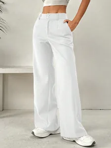 Vue détaillée d'un pantalon blanc à taille haute et jambe large, coupe droite ample.