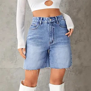 Damen Hohe Taille Jeansshorts Mode Lässig Offener Saum Gewaschen Baumwollmischung Denim Shorts Taschen Streetwear Sommer Shorts Unten
