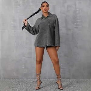 Oversized grey denim shirt for women featuring a half-zip and chest pocket design
