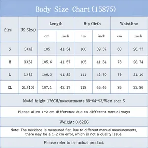 Comprehensive body size chart for printed denim wide-leg pants in cm and inches.