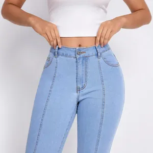 Professional studio shot of women's blue high-waisted skinny jeans with stylish front seams