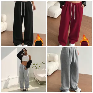 Pantalon de Jogging Femme Jambe Large Taille Haute Cordon de Serrage Doublé Polaire Chaud Pantalon Décontracté Droit Couleur Unie Bas
