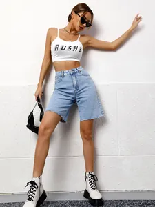 Women's casual high-waisted washed denim Bermuda shorts with raw frayed hem detail