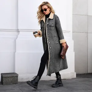 Veste en jean longue et ample pour femme avec doublure polaire chaude et col rabattu