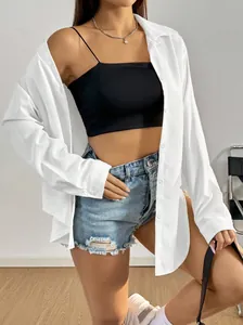 Chemise Casual à Manches Longues Pour Femmes Couleur Unie Chemisier Confortable En Polyester Élasthanne Haut à Simple Boutonnage