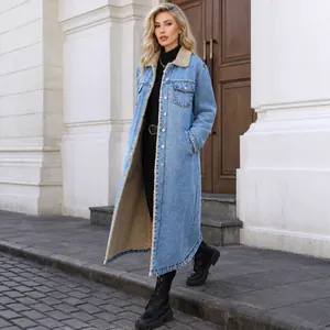 Manteau long en jean pour femme avec doublure en polaire chaude et coupe ample
