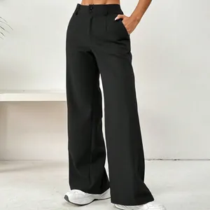 Pantalon noir large à taille haute, coupe droite avec fermeture à double bouton chic