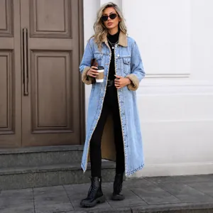 Veste en jean longue et ample avec doublure en polaire chaude pour toutes femmes