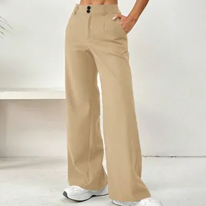 Détail du pantalon kaki à jambes larges, taille haute, deux boutons et poches latérales