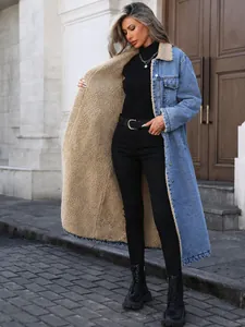 Oversized long denim coat with beige sherpa fleece lining for winter