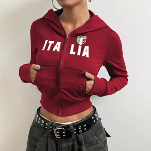 Damen Italia Druck Cropped Kapuzenjacke Voll Reißverschluss Langarm Kapuzenpullover Streetwear Polyester Casual Top