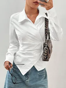 Top Camicia Donna Con Orlo Irregolare Lacci In Vita Risvolto Manica Lunga Tinta Unita Poliestere Spandex Elegante Ufficio Casual