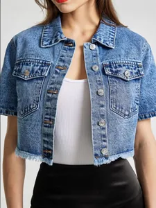 Veste en Jean Courte à Manches Courtes pour Femme Délavé Bleu Clair Ourlet Effiloché Manteau en Jean Décontracté pour Femme Streetwear Cropped Top