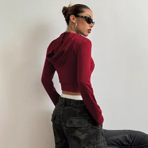 Sexy burgunderrote bauchfreie Kapuzenjacke mit Reißverschluss für Damen Streetwear