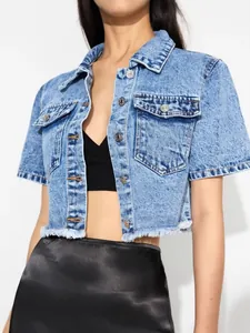 Veste en jean courte à manches courtes pour femmes avec ourlet brut et poches