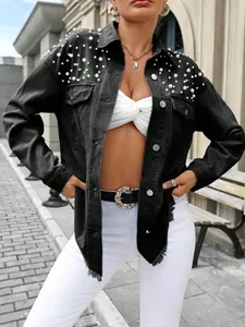 Veste en Jean Oversize pour Femme Avec Détails de Perles Artificielles et Strass Noir Gris Délavé Top à Manches Longues