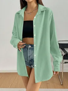 Chemisier décontracté à manches longues vert menthe avec boutons et coupe relax pour femme