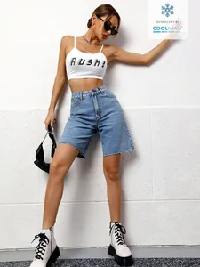 Casual high-waisted washed denim bermuda shorts for women worn with white crop top