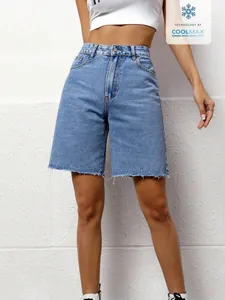 High-waisted women's loose washed denim bermuda shorts with frayed raw hem detail