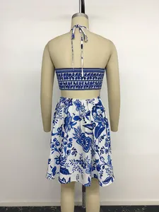 Back view of women's ethnic halter neck backless short dress with blue print