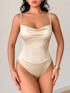 Elegant champagne satin bodysuit for women featuring cowl neck and pearl bead straps.