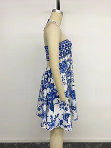 Blue and white floral halter neck dress with cutout backless design for women