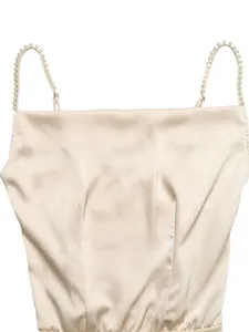 Detailed view of elegant champagne satin cowl neck bodysuit with decorative pearl straps