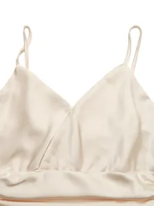 Close-up detail of elegant V-neck satin bodysuit with thin straps and silky texture.