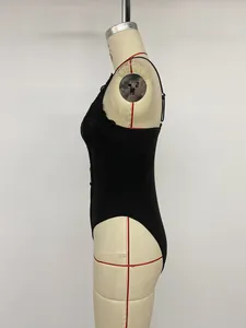 Side profile detail of a black lace V-neck backless bodysuit shown on a studio mannequin
