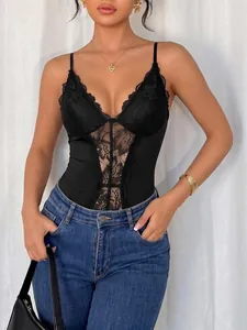 Elegant black lace patchwork V-neck bodysuit with adjustable spaghetti straps for women