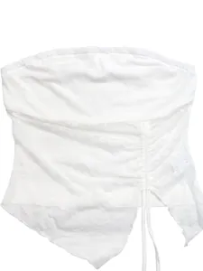 Detail showing the intricate floral lace texture and side drawstring of the white tube top