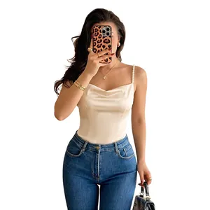 Elegant champagne satin cowl neck bodysuit with decorative pearl straps for women