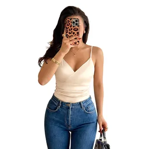 Elegant champagne satin V-neck sleeveless bodysuit for women's summer chic fashion style