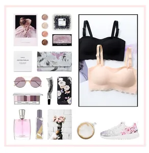 Stylish lifestyle collage featuring black and nude strapless bras with fashion accessories