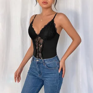 Elegant black lace patchwork bodysuit featuring a V-neck and delicate spaghetti straps.