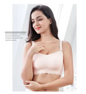 Detail view of breathable seamless pink wire-free bra on model for plus size comfort