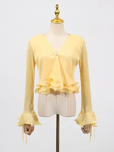 Elegant Korean style yellow pleated V-neck blouse featuring flared sleeves and ruffle hem