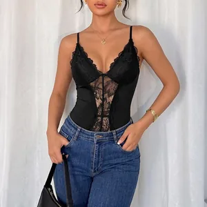 Elegant black lace patchwork V-neck backless bodysuit camisole for women summer fashion