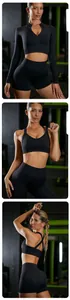 Viste dettagliate multi-angolo del set yoga nero senza cuciture da donna con pantaloncini.