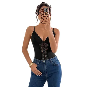 Sexy black lace patchwork V-neck bodysuit for women, summer sleeveless fashion style