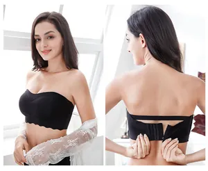 Front and back detail of a black strapless bandeau bra with delicate scalloped edges.