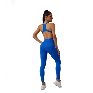 Detailed back view of a vibrant blue seamless one-piece yoga jumpsuit with racerback cutout