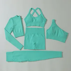 Set yoga senza cuciture da 5 pezzi verde menta con reggiseno sportivo e leggings a vita alta