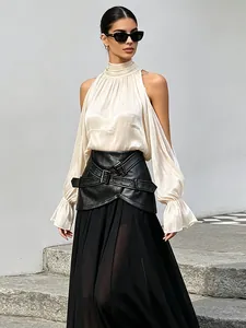 Damen Design Kalte Schulter Neckholder Langarmshirt Elegante Satin Look Rüschenmanschetten Einfarbige Bluse Top