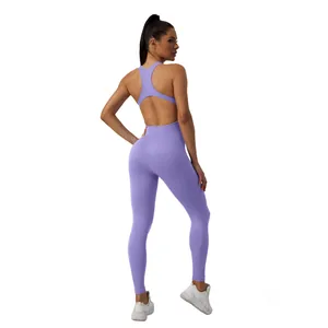 Detailed back view of a seamless purple one-piece yoga jumpsuit with a stylish open back design
