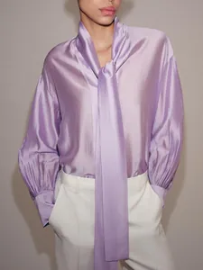 Blusa Elegante de Poliéster para Mujer con Cuello de Lazo Manga Larga Textura de Satén Ajuste Holgado para Oficina Diario
