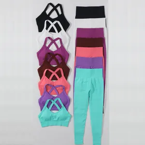 Collezione di set yoga senza cuciture multicolore con reggiseno sportivo e legging a vita alta.