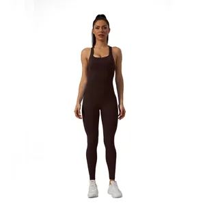 Full body front view of a dark brown seamless one-piece yoga jumpsuit for fitness