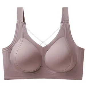Comfortable plus size seamless push-up bra in mauve with lace detail